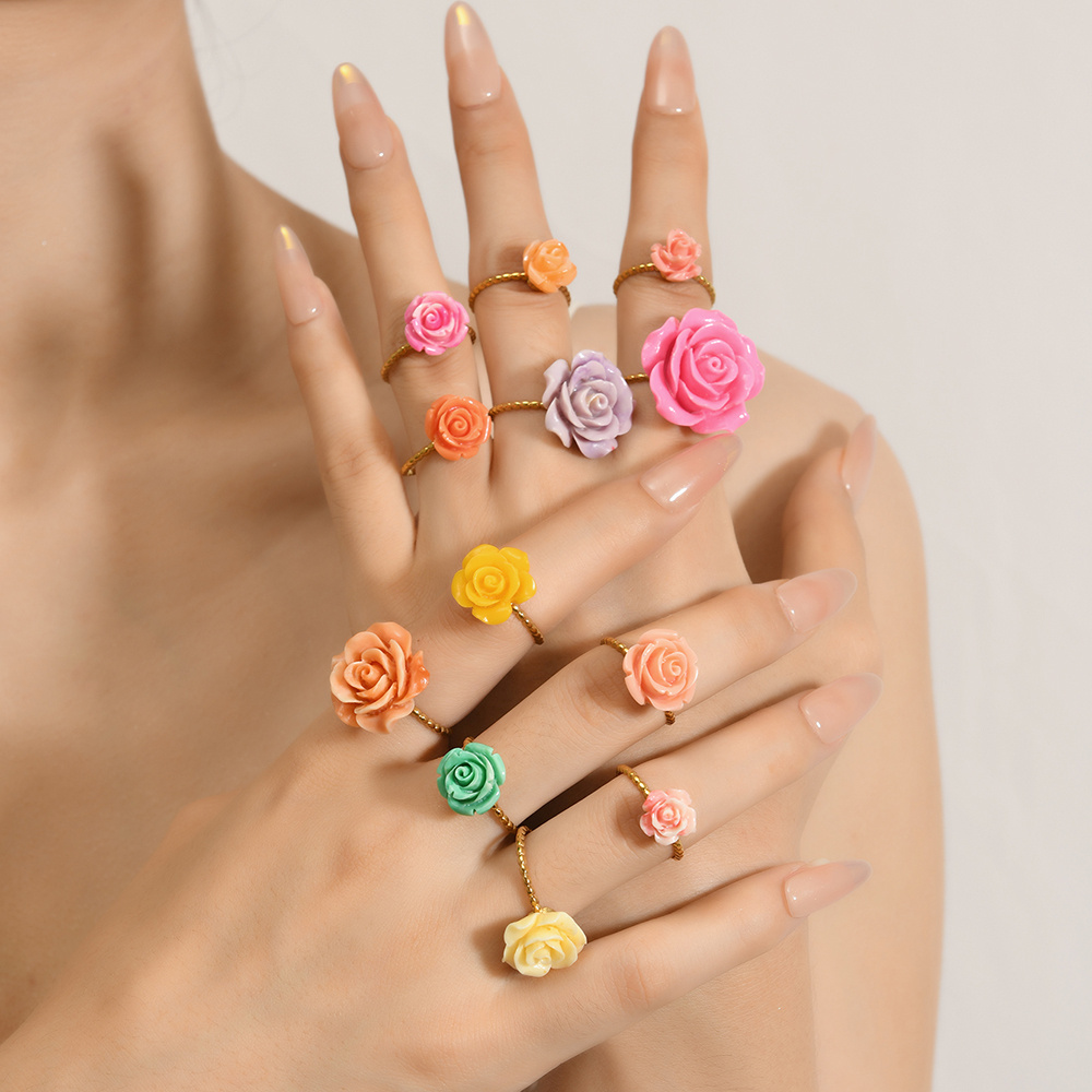 New Pink Embossed Flower Shell Pink Synthetic Rose Ring